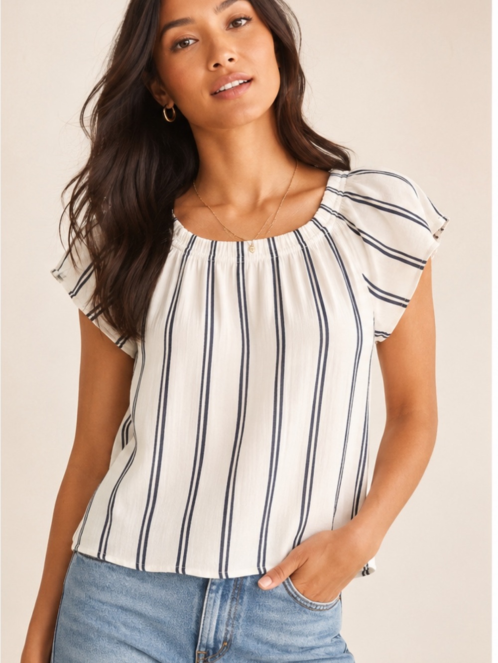 Anthropologie cloth & stone White Off-Shoulder Skirt with Navy Stripes